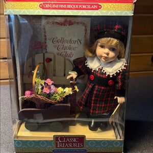 Charming Classic Treasures Porcelain 9” Doll Red & Black Outfit, Flower Cart.